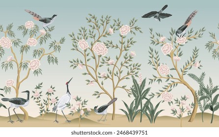 Chinese rose tree, plants, birds mural. Chinoiserie wallpaper.	