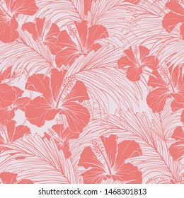 Chinese rose vector seamless pattern. Blooming hibiscus and exotic palm tree foliage pastel pink background. Tropical flower blossom vintage hand drawn illustration. Wallpaper, textile design