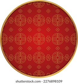 Chinese round decoration. Chinese pattern circle. Luxury red golden asian or japanese elegant line ornament. Eastern vector creative motif. Template for greeting new year, banner, poster and calendar.