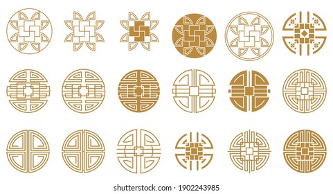 Chinese round frame and outline elements. Oriental decorations. Asia and Japan culture. Asia culture symbols, graphic modern illustration. For New year greeting card. Flat vector illustration.