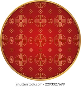 Chinese round frame. Chinese pattern circle. Luxury red golden asian or japanese elegant line ornament. Eastern vector creative motif. Template for greeting new year, banner, poster and calendar.