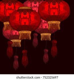 Chinese round paper lantern art. Greeting card design template for celebration. Lunar new year, spring and mid-autumn festival decoration. Hand drawn rough line graphic art.
