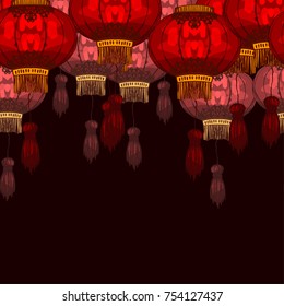Chinese round paper lantern art. Tile seamless pattern design template for celebration. Lunar new year, spring and mid-autumn festival decoration. Hand drawn rough line graphic art.