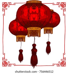 Chinese round paper lantern art. Greeting card design template for celebration. Lunar new year, spring and mid-autumn festival decoration. Hand drawn rough line graphic art.