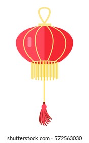 Chinese round red lamp ball isolated on white. Traditional oriental hanging lantern with yellow tassels. Vector illustration of decorative thing for building lighting. Chandelier in asian style