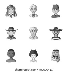 Chinese, russian, american, arab, indian, Turk and other races. The human race set collection icons in monochrome style vector symbol stock illustration web.