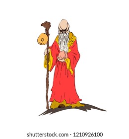 Chinese sage Star elder Shawsin holds a ginseng root staff and peach longevity. Bozhestovo Longevity Star elder Shousin. Vector illustration