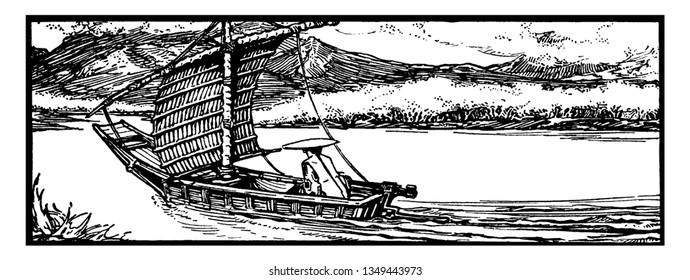 Chinese Sailboat where the English name comes from Javanese jong meaning ship or large vessel and Junks were originally developed during the Han Dynasty, vintage 