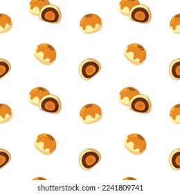 Chinese salted egg yolk pastry seamless pattern in flat detailed style. Vector asian food Dan Huang Su background