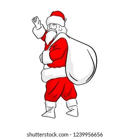 Chinese Santa clause waving hand with big white bag on his back vector illustration sketch doodle hand drawn with black lines isolated on white background