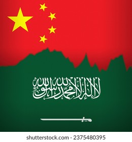 Chinese and Saudi Arabian flags depicted with a price line chart. Fluctuation graph with sideways trend. Burlap textured. Banking and trade relations concept.