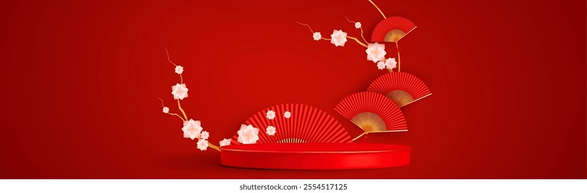 Chinese scene with cylinder podium, tree branch with traditional red and gold fans and white paper flowers on studio room background. Realistic 3d vector illustration of product display platform.