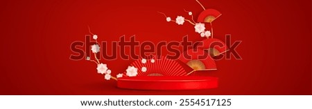 Chinese scene with cylinder podium, tree branch with traditional red and gold fans and white paper flowers on studio room background. Realistic 3d vector illustration of product display platform.