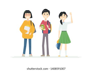 Chinese School Children - cartoon people characters illustration on white background. Quality composition with happy teenagers, a boy and girls, students with backpacks standing together, waving hands