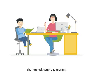 Chinese school children - cartoon people characters illustration on white background. A composition with happy teenagers, a boy and girl sitting at the desk, doing homework at the computer, laptop