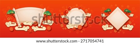 Chinese scroll and frames with clouds, pine trees and blooming flowers. Vector CNY oriental decorative elements. Asian cultural motifs with floral patterns for holiday and festive celebration
