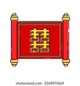 Chinese Scroll Illustration, A red hanging scroll with the "Double Happiness" symbol, used as a festive decoration.