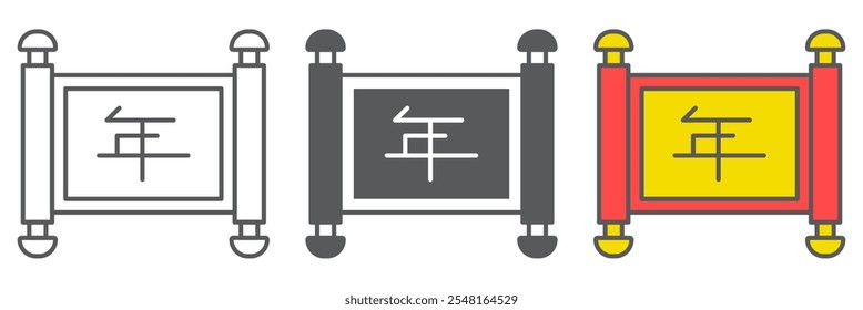 Chinese scroll line icon collection, asian calligraphy and lunar new year, scroll vector icon set, vector graphics, editable stroke outline sign, eps 10.