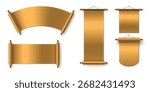 Chinese scroll paper banners with red silk fabric, metal rods and curved hanging displays for traditional celebrations. Oriental parchment templates. Royal announcement scrolls for New Year decoration