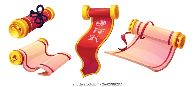 Chinese scroll paper collection with golden rollers - red curved manuscript with calligraphy, pink blank parchment tied with ribbon for Asian cultural documents, traditional writing materials.