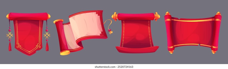 Chinese scroll paper set isolated on background. Vector cartoon illustration of red silk or parchment roll with blank surface, golden sign decoration, ancient asian banner, traditional antique letter