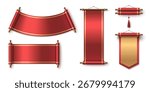 Chinese scroll paper set with red silk banners, golden trim and tassel decorations for Lunar New Year designs. Traditional parchment with brass rods and curved edges. Oriental hanging festive scrolls