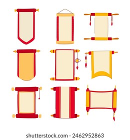 chinese scroll set cartoon. paper china, banner red, year golden chinese scroll sign. isolated symbol vector illustration