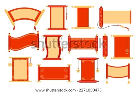 Chinese scrolls. Asian envelope card, traditional red hanging scroll decorative frame isolated vector set. New Year festive elements for holiday greeting, oriental culture elements
