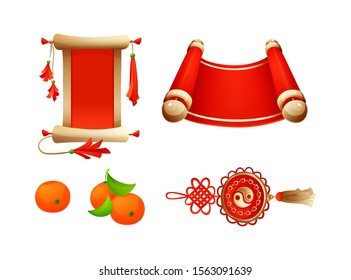 Chinese scrolls with hieroglyphs and knot lucky charm amulet with yin yang symbol. Elements for Chinese traditional Happy New Year vector illustration on white background