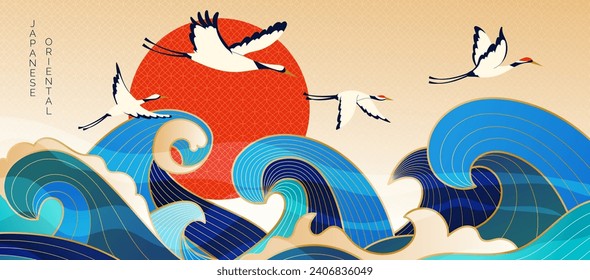Chinese sea landscape. Japanese cranes fly. Lotus swan flight. Water waves. Red sun. Antique bird drawing. Golden ocean splashes. Line pattern. Oriental seascape design. Vector abstract art background