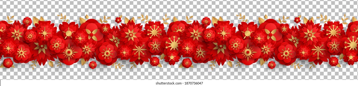 Chinese seamless border with red paper cut flowers and gold leaves isolated on transparent background. Vector illustration. Floral design for posters, brochures or vouchers for New Year.