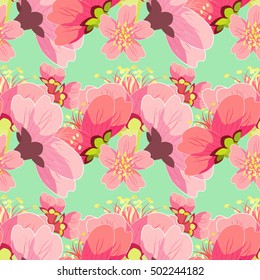 Chinese seamless pattern blossoming cherries on a green vector illustration