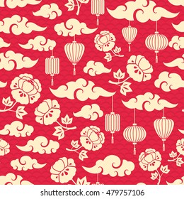 Chinese Seamless Pattern With Clouds, Peony Flowers And Asian Lanterns. Vector Illustration.