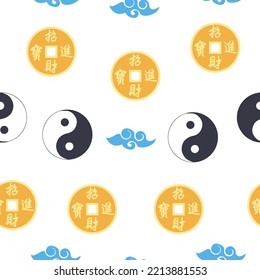 Chinese seamless pattern with feng shui chinese coin with hole, yin yang symbol.