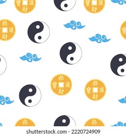 Chinese seamless pattern with feng shui chinese coin with hole, yin yang symbol.