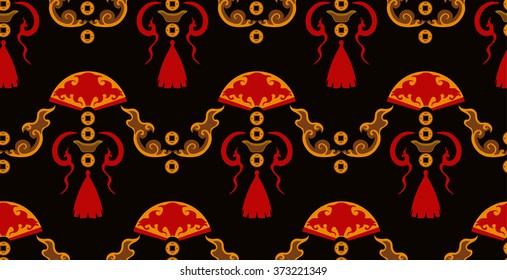 Chinese seamless pattern. Gold and red pattern on a black background. Pictured gold bars - a symbol of wealth and prosperity.