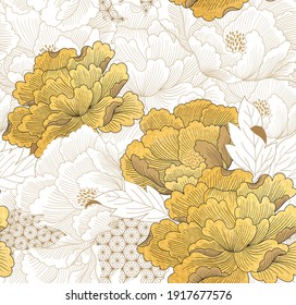 Chinese seamless pattern with gold texture vector. Peony flower and geometric pattern in vintage style. Abstract art  illustration.