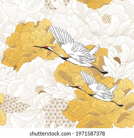 Chinese seamless pattern with gold texture vector. Peony flower with crane birds object in vintage style. Abstract art  illustration.