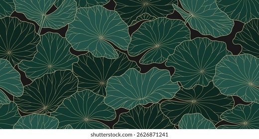 Chinese seamless pattern with green water lilies. Gold line drawing of water lilies for a luxury prints.