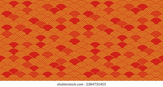 Chinese seamless pattern, japanese background, oriental red texture. Asian New Year vector ornament. Traditional motif bg, wave gold style. Decoration illustration
