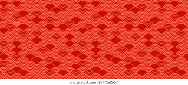 Chinese seamless pattern, japanese background, oriental red wave texture. Asian New Year ornament. Traditional motif, geometric circle repeat style. Holiday eastern bg. Abstract vector illustration