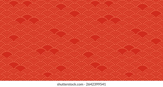 Padrão chinês sem emenda, motivo de onda japonesa, fundo vermelho oriental. Ornamento estilo tradição asiática. Impressão geométrica coreana em vieira. Seigaiha nuvem cor bg. Ilustração de vetor vintage