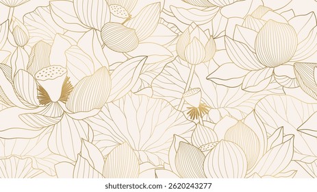Chinese seamless pattern with lotuses. Gold line drawing of lotus flowers and leaves on a light background. Minimalist oriental vector design, perfect for luxury prints, patterns, or backgrounds