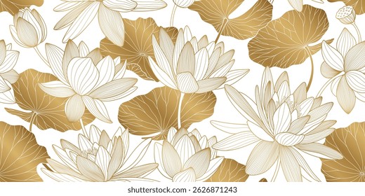 Chinese seamless pattern with lotuses. Gold line drawing of lotus flowers and leaves for a luxury prints.