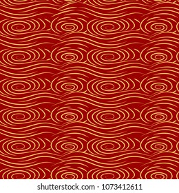 Chinese seamless pattern. Ocean whirlpool of water. Golden curls on a red background. Vector illustration.