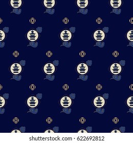 Chinese seamless pattern with pagodas and clouds.