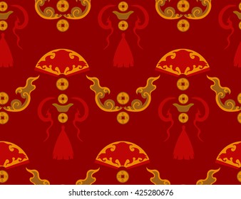 Chinese seamless pattern. Pictured gold bars - a symbol of wealth and prosperity. Hieroglyphics on the coin translated: "Unshakable and glorious. The coin is in circulation."