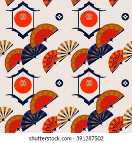 Chinese seamless pattern with red and golden ornament on light background.