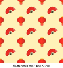 Chinese seamless pattern with red lanterns and fans. Vector illustration.