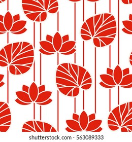Chinese seamless pattern. Red lotus silhouette with leaves